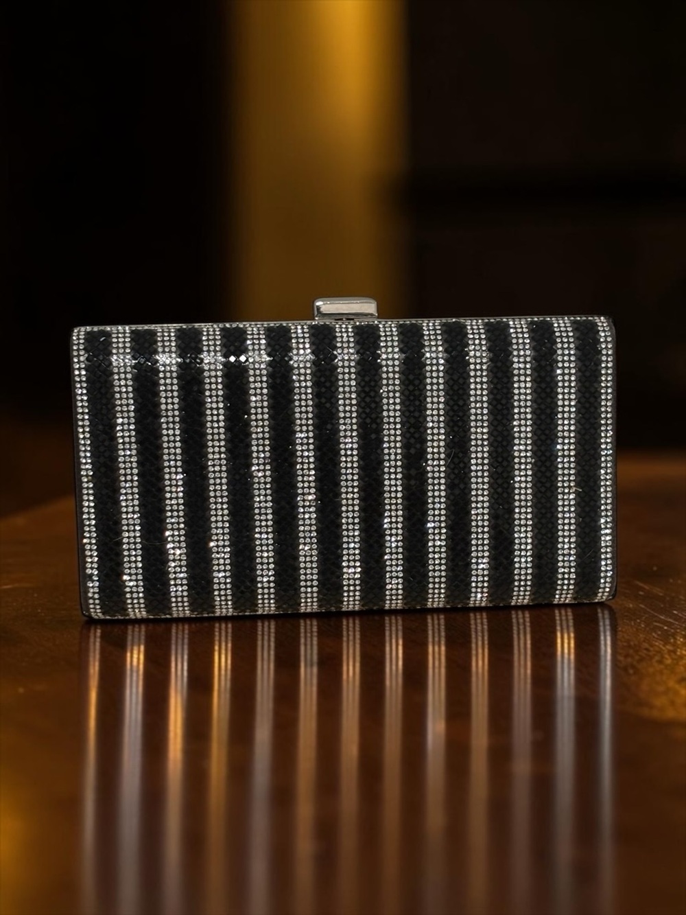 Lauren Lorraine Black & Silver Striped Crystal Evening Clutch missing shoulder.